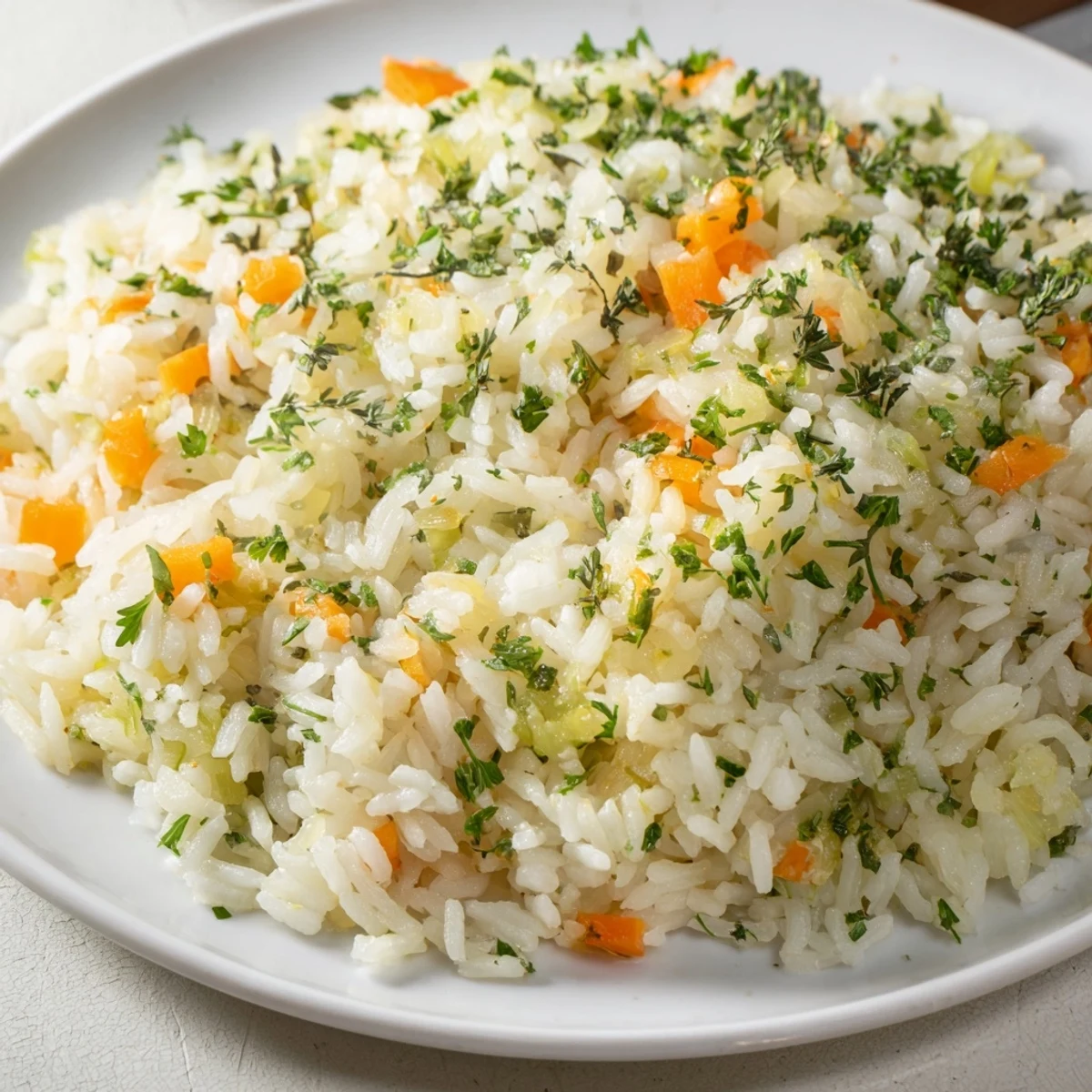 Steaming savory rice, vibrant with herbs and vegetables, ready to be enjoyed as a side.