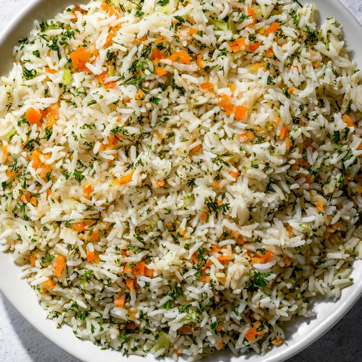 A close-up of savory rice, showcasing the tender grains and flavorful, aromatic vegetable infusion.
