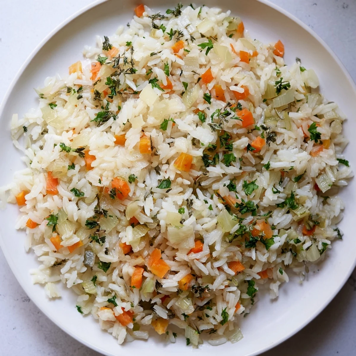 The fluffy, finished savory rice, with visible diced carrots and parsley, a delicious side dish.