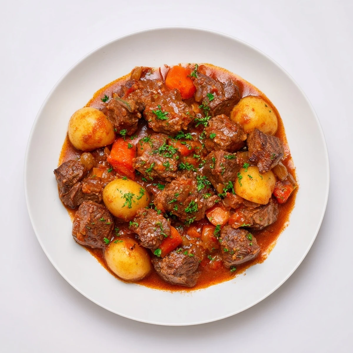 Close-up of a rustic Beef Casserole, showcasing the soft beef and savory, thick gravy.