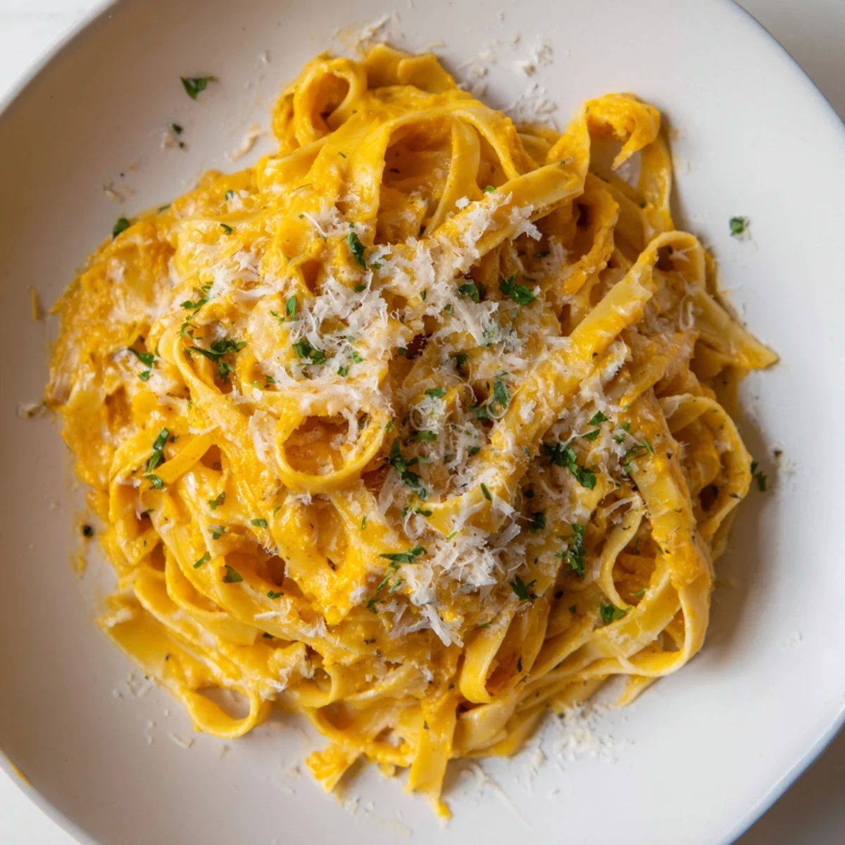 Tender fettuccine coated in vibrant, delicious creamy pumpkin pasta sauce, perfect for a warming autumn dinner.