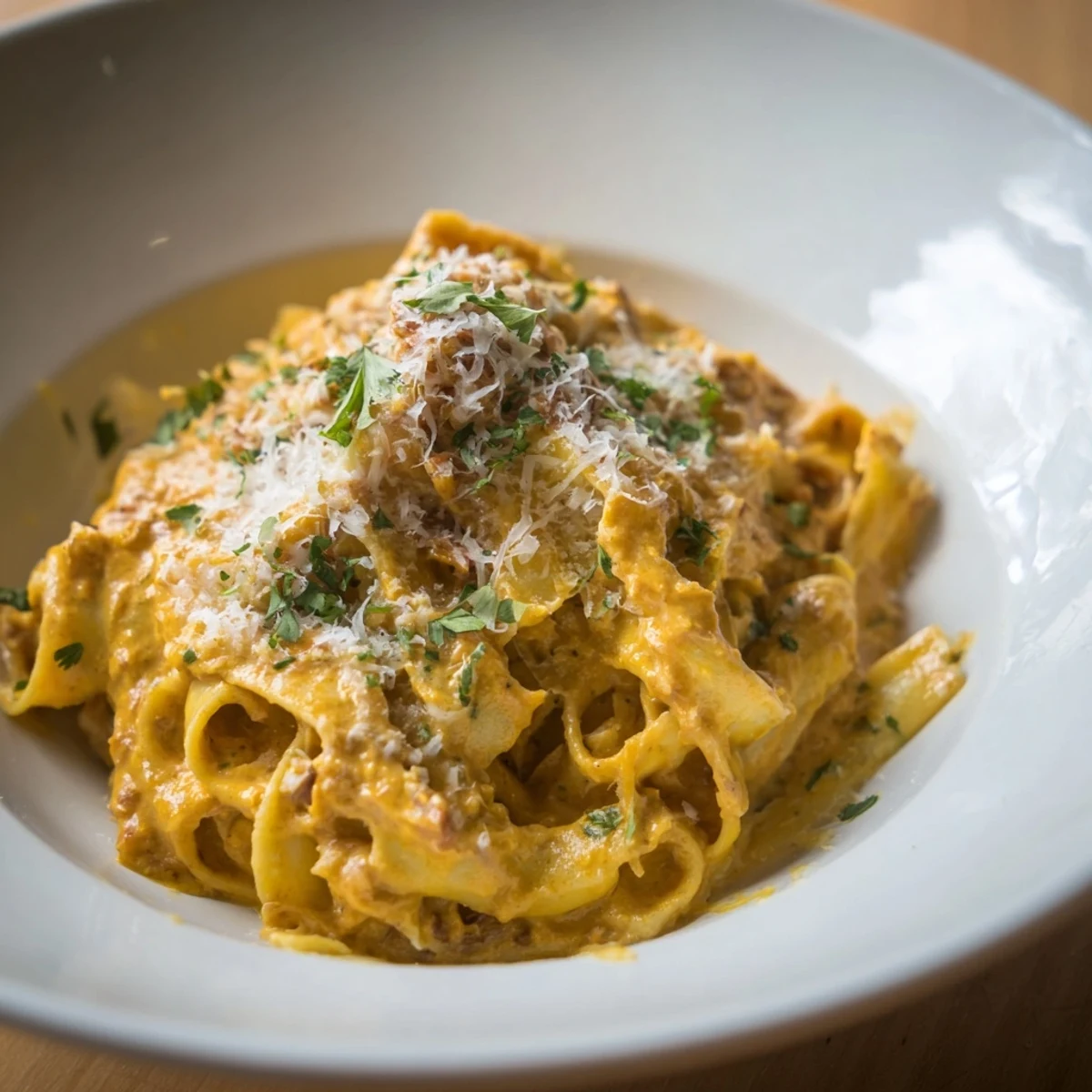 Steaming bowl of creamy pumpkin pasta sauce, garnished with parsley and Parmesan cheese, ready to serve.
