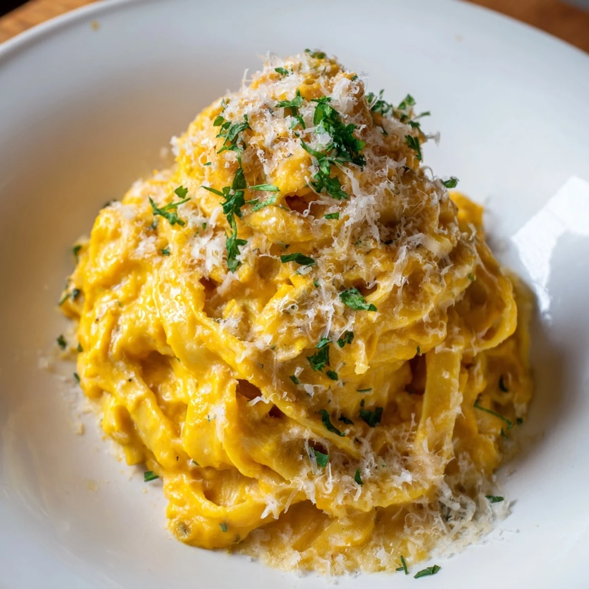 A close-up view of rich, velvety creamy pumpkin pasta sauce, ideal with any pasta shape, smelling fragrant.