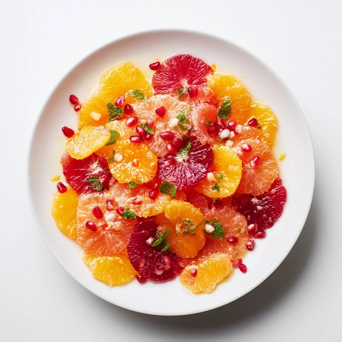 Bright, colorful Winter Citrus Fruit Salad, ready to eat, drizzled with lime dressing and mint.