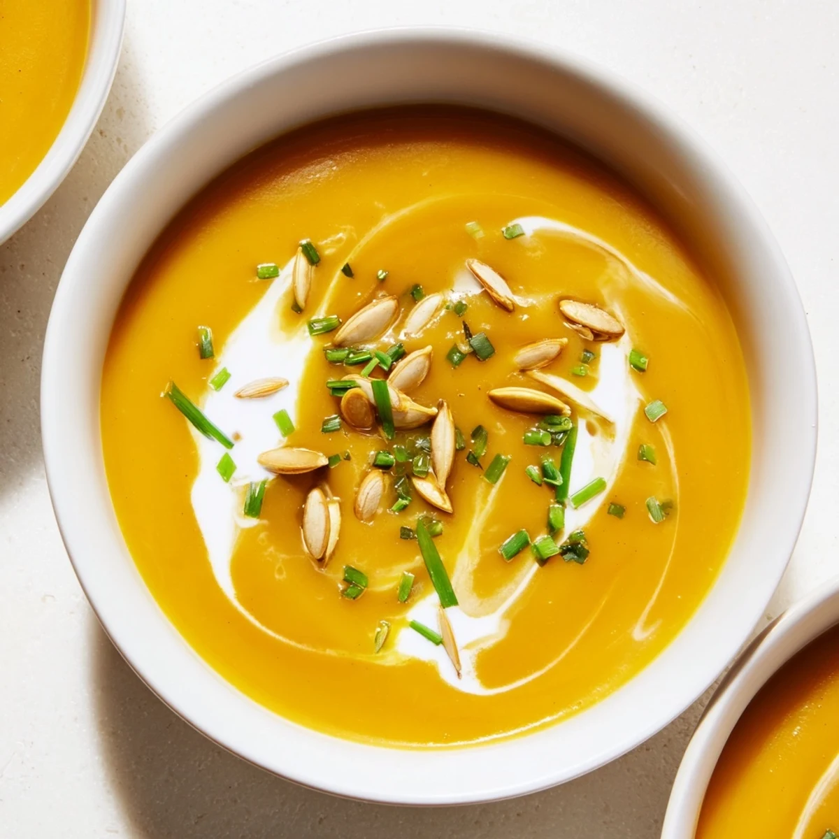 A steaming bowl of comforting Butternut Squash and Pear Soup, perfect for a cozy fall evening.