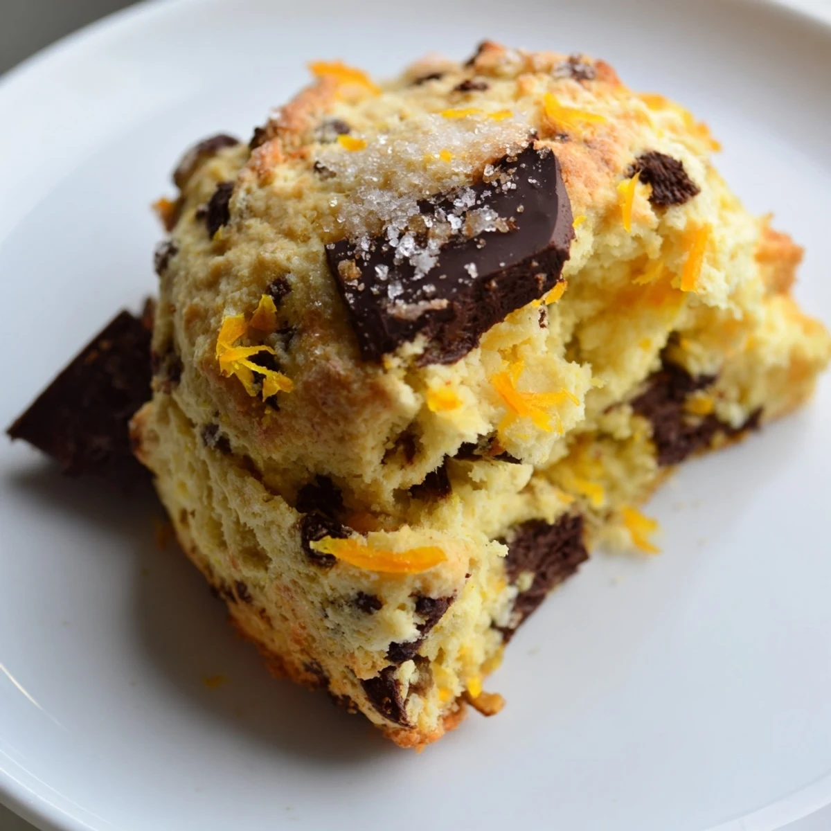 Freshly baked Dark Chocolate Orange Scones, featuring orange zest and melting chocolate, ready to enjoy.