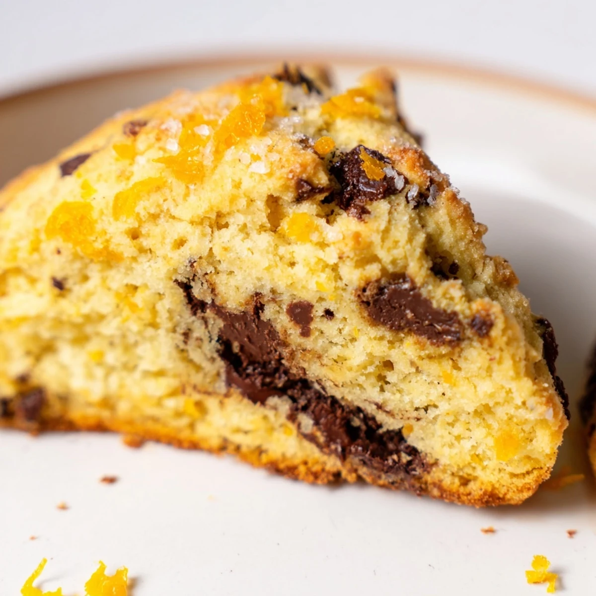 Warm, buttery Dark Chocolate Orange Scones, with visible chocolate chunks, ideal alongside a cup of tea.