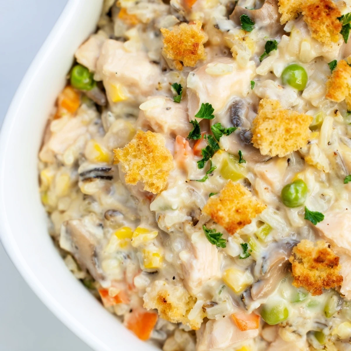 Creamy Chicken and Wild Rice Casserole bubbling golden-brown, promising a warm, flavorful family meal on your plate.
