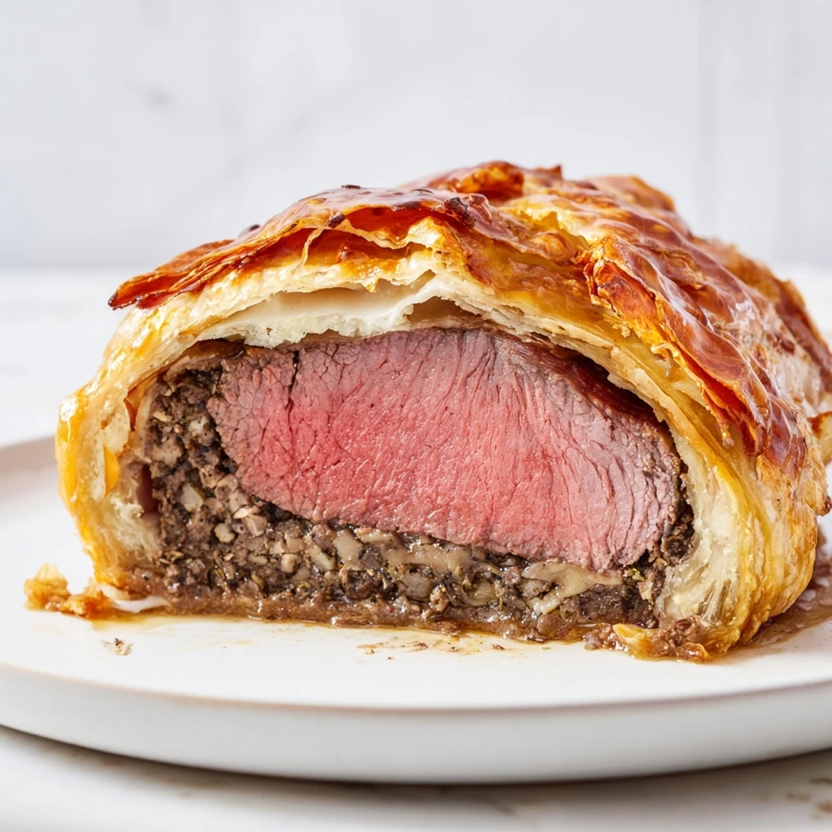 Golden, flaky pastry envelops succulent Beef Wellington, revealing tender pink meat and savory mushrooms.