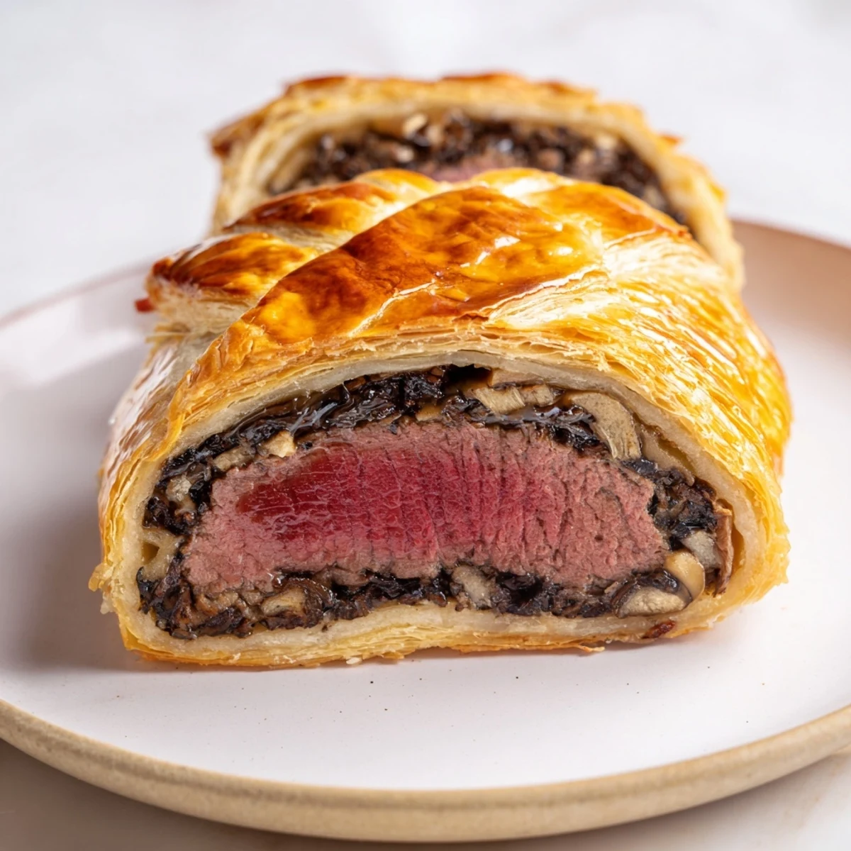 A beautifully presented Beef Wellington showcases the golden-brown crust and tempting, cooked-to-perfection meat filling.