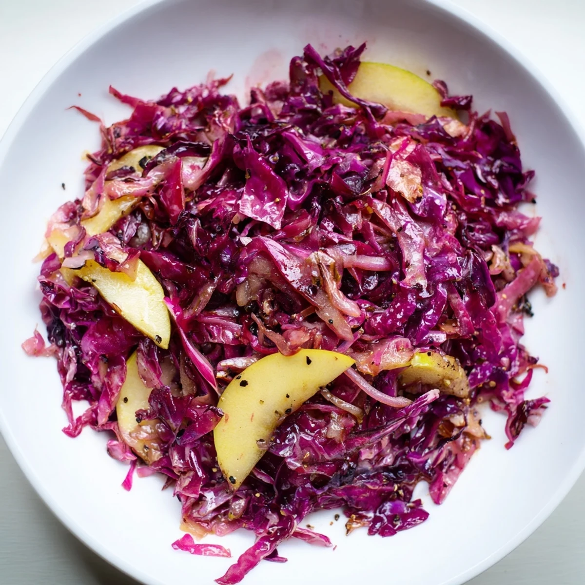 Braised Red Cabbage with Apple: a vibrant side dish, tender cabbage and sweet apple pieces.