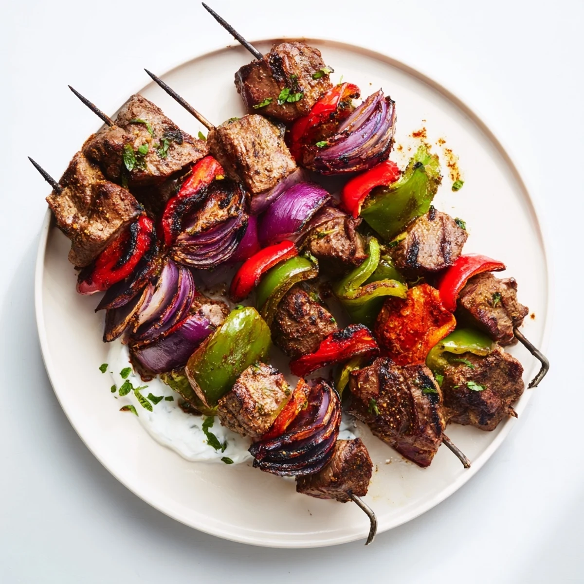 Skewers of flavorful Spiced Lamb Kebabs, beautifully charred on the grill, ready to serve with sides.