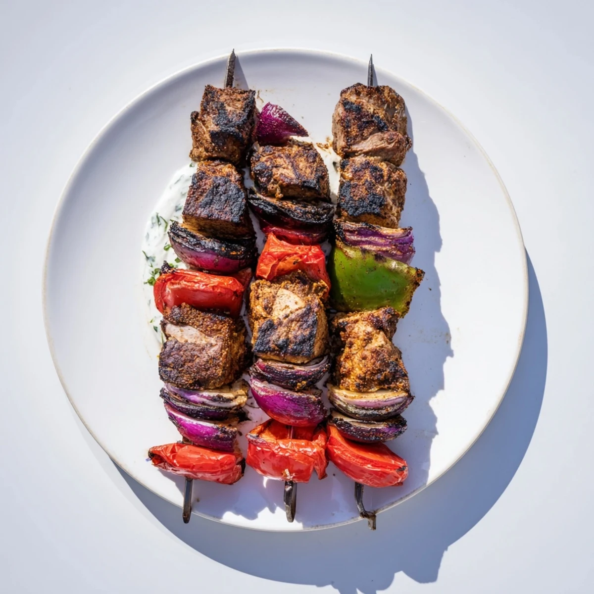Close-up of tender, perfectly cooked Spiced Lamb Kebabs with a creamy mint yogurt drizzle.