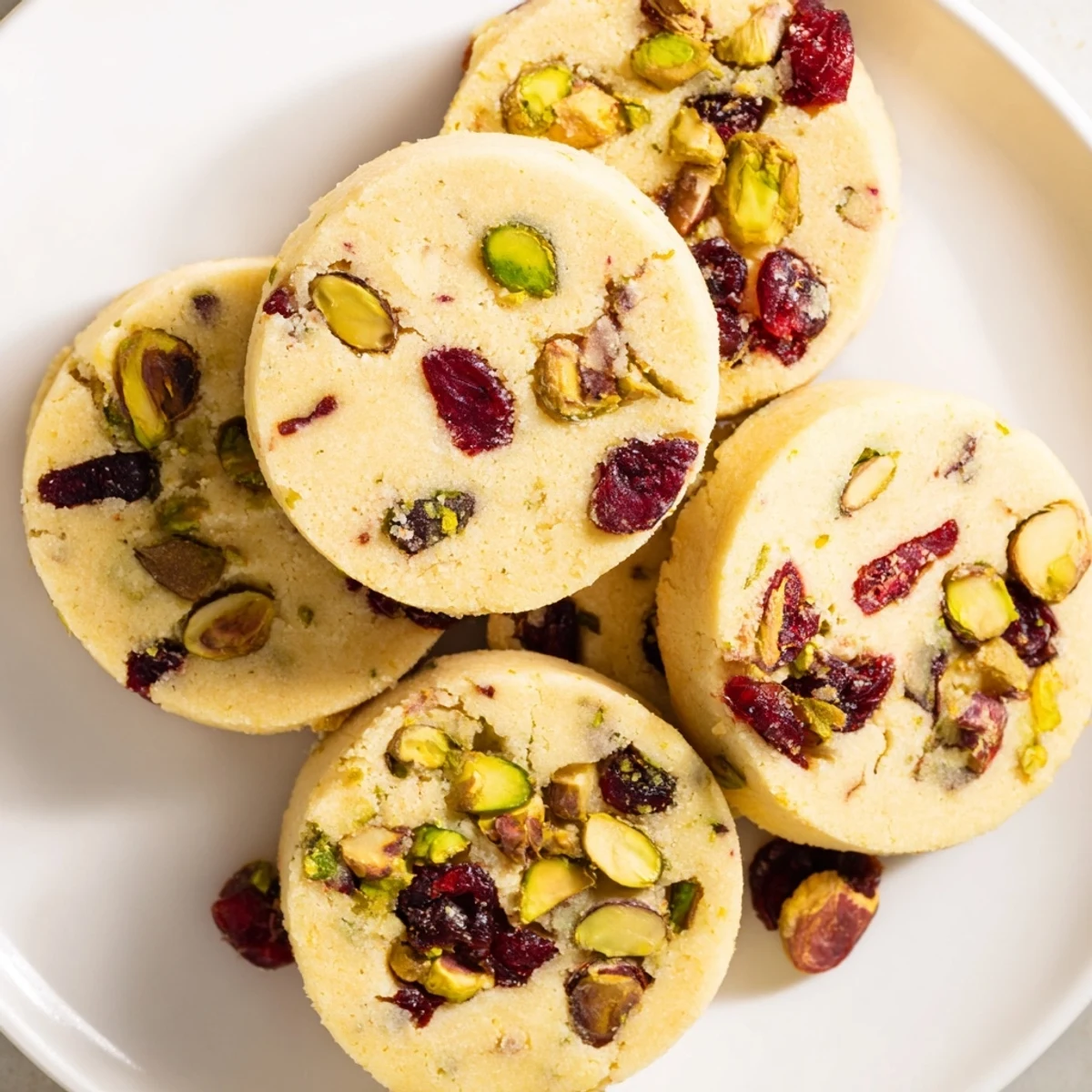 Perfectly round Cranberry Pistachio Shortbread Cookies, golden brown and speckled with jewel-toned cranberries, ready to serve.