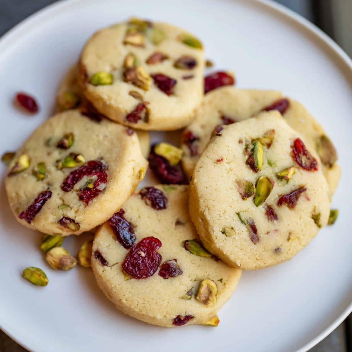Freshly baked Cranberry Pistachio Shortbread Cookies, a buttery delight, garnished with vibrant pistachios on a serving platter.