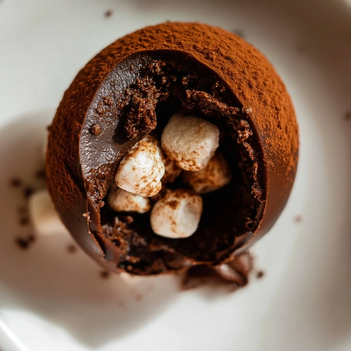 A mug filled with creamy, melting Hot Cocoa Bombs and miniature marshmallows.