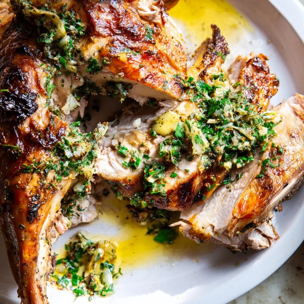 A close-up of a Garlic Herb Roasted Turkey Breast, skin crisp, glistening with savory juices.