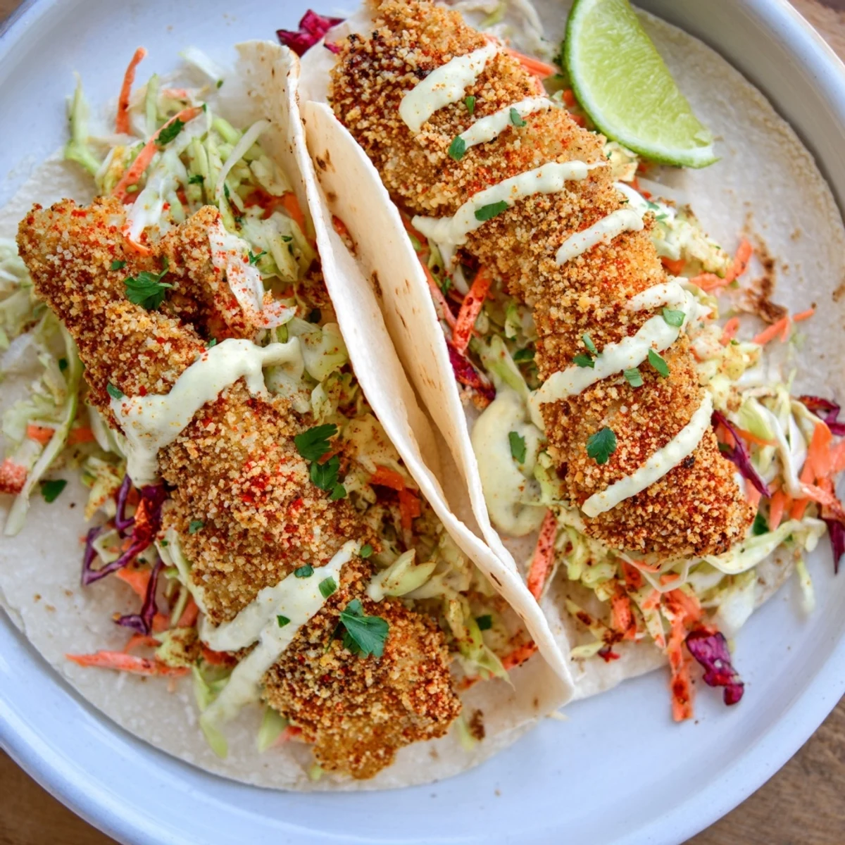 Golden and flaky baked fish tacos offer a satisfying crunch with vibrant slaw, ready to eat.