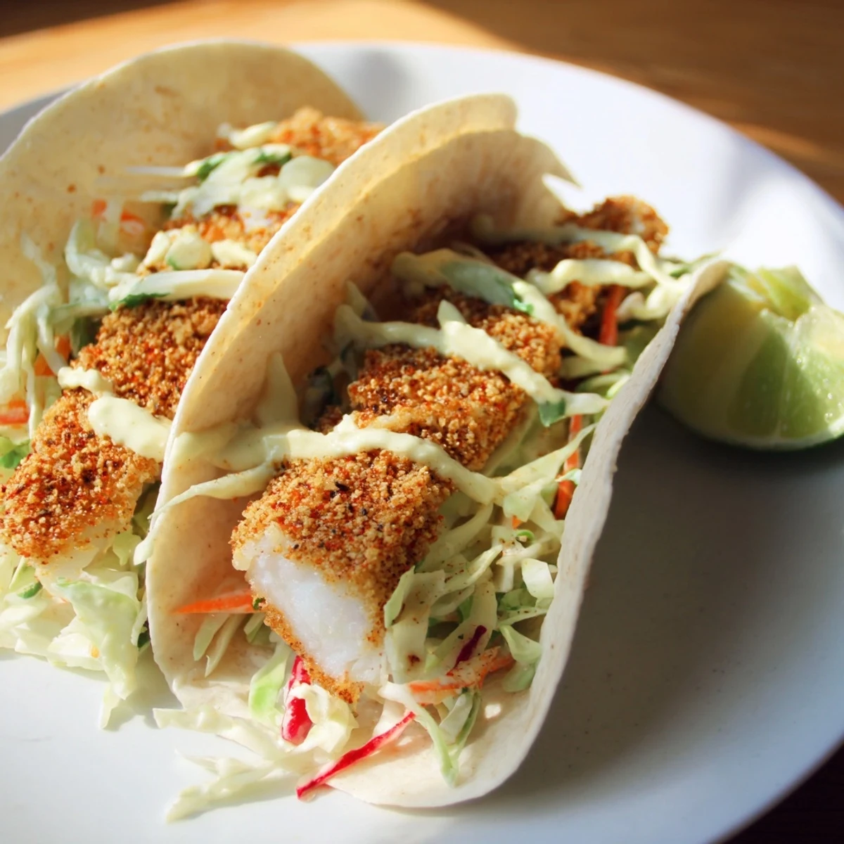 Looking at a plate of baked fish tacos, imagine the fresh flavors of lime and cilantro.