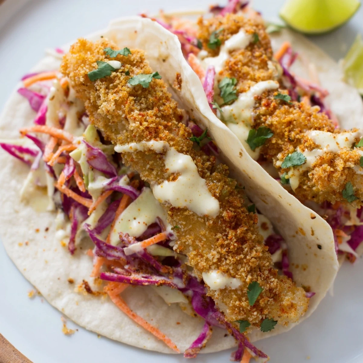 Delicious baked fish tacos: a close-up shows the perfectly cooked fish nestled in soft tortillas.