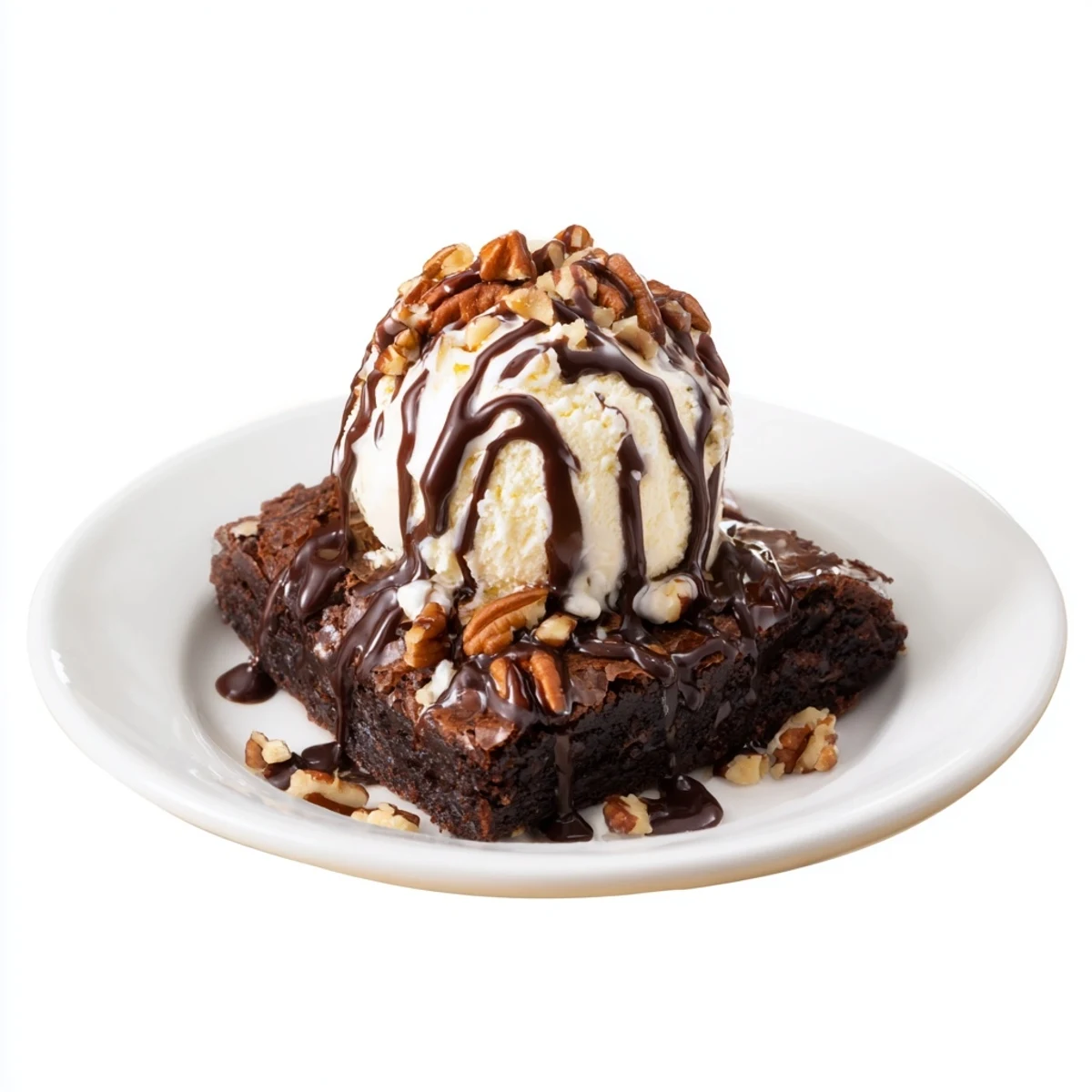 Warm chocolate brownie sundae topped with melting vanilla ice cream and drizzled chocolate sauce.