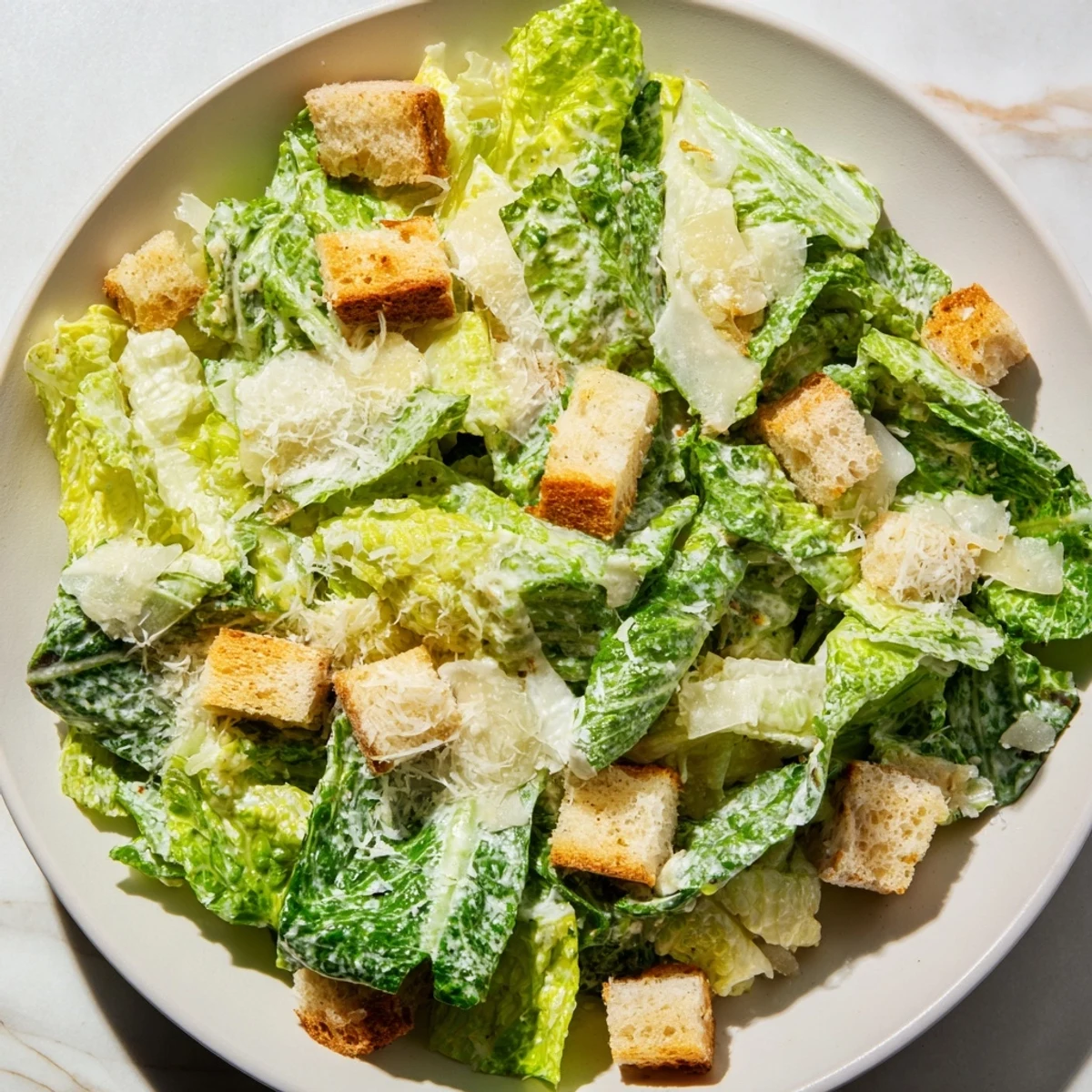 Freshly tossed creamy Caesar salad with crisp romaine and crunchy homemade croutons, ready to enjoy.