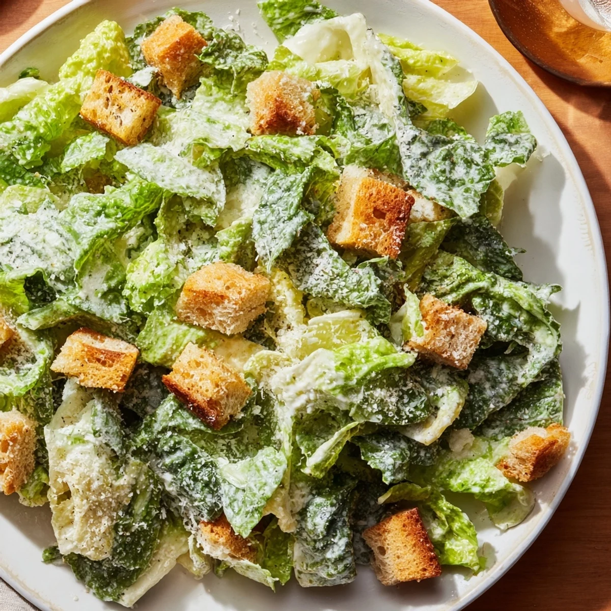 A vibrant bowl of creamy Caesar salad, complete with Parmesan and zesty dressing, inviting you to taste.