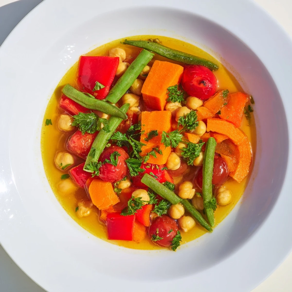A close-up of a bubbling pot of Savory Vegetable Stew, rich broth with soft vegetables for a hearty meal.