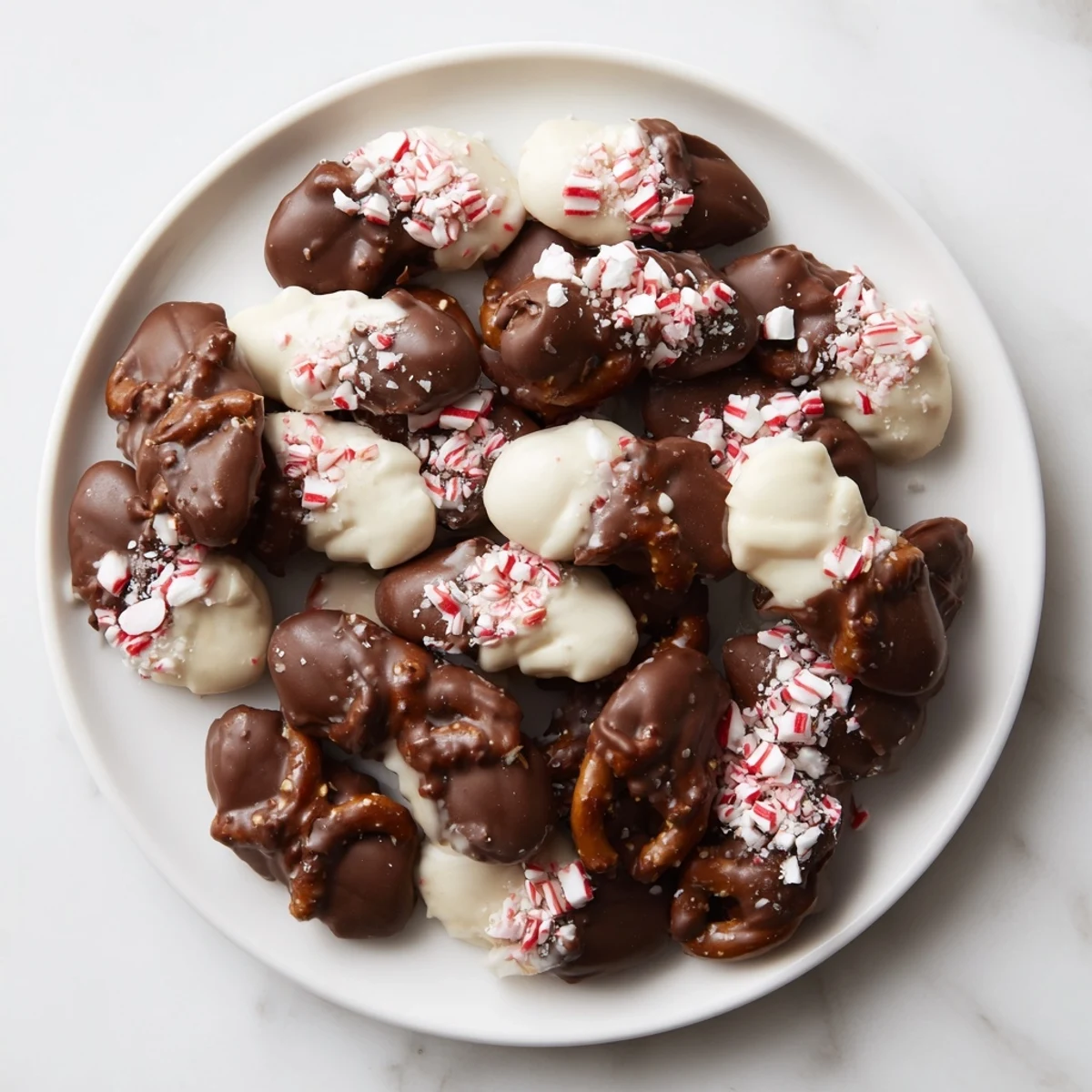 Crushed peppermint sparkles on sweet and salty Peppermint Bark Pretzels, an easy holiday treat.