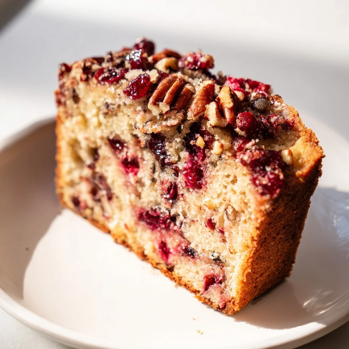 Golden-brown slice of cranberry pecan bread, smelling of cinnamon, perfect for a cozy morning.