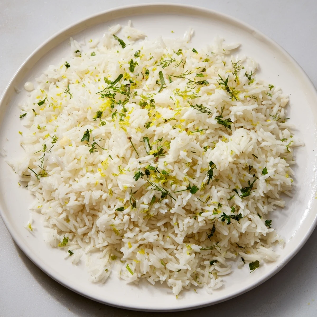 Fluffy Lemon Herb Rice, with vibrant green herbs and flecks of lemon zest, looks and smells amazing.