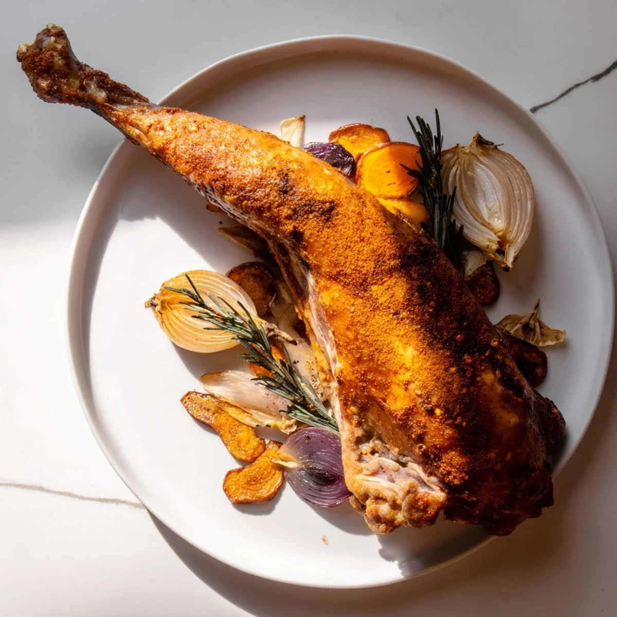Close-up of a tender roasted turkey wing, featuring crispy skin and aromatic herb marinade.