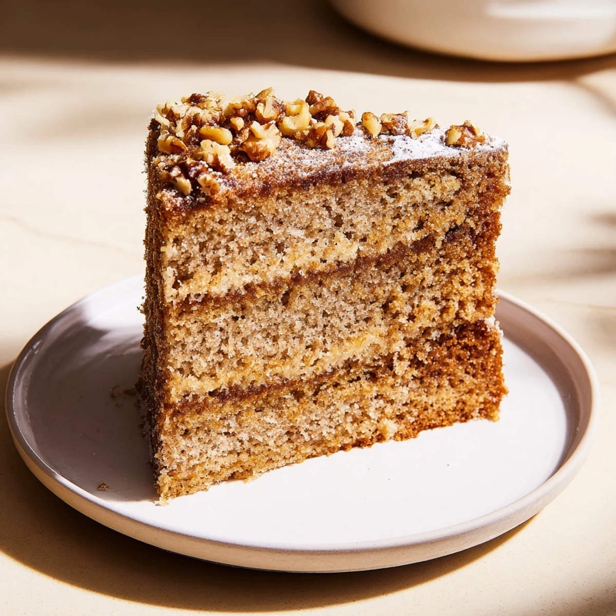 A slice of Spiced Rum-Free Cake, moist and warmly spiced, ready to enjoy with a dusting of powdered sugar.