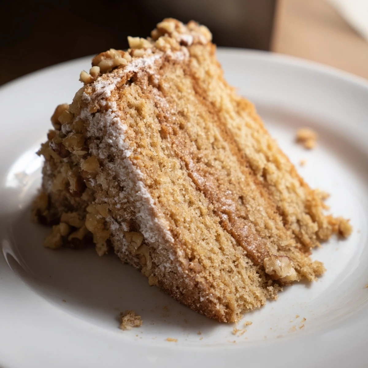Close-up of a golden brown Spiced Rum-Free Cake, showing the texture and topped with optional chopped nuts.
