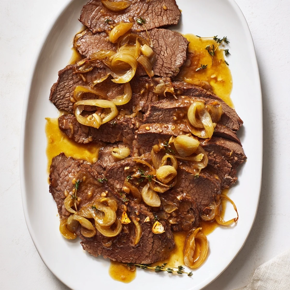 Tender Braised Brisket with onions, fork-tender and resting on a white serving platter, ready to be sliced.