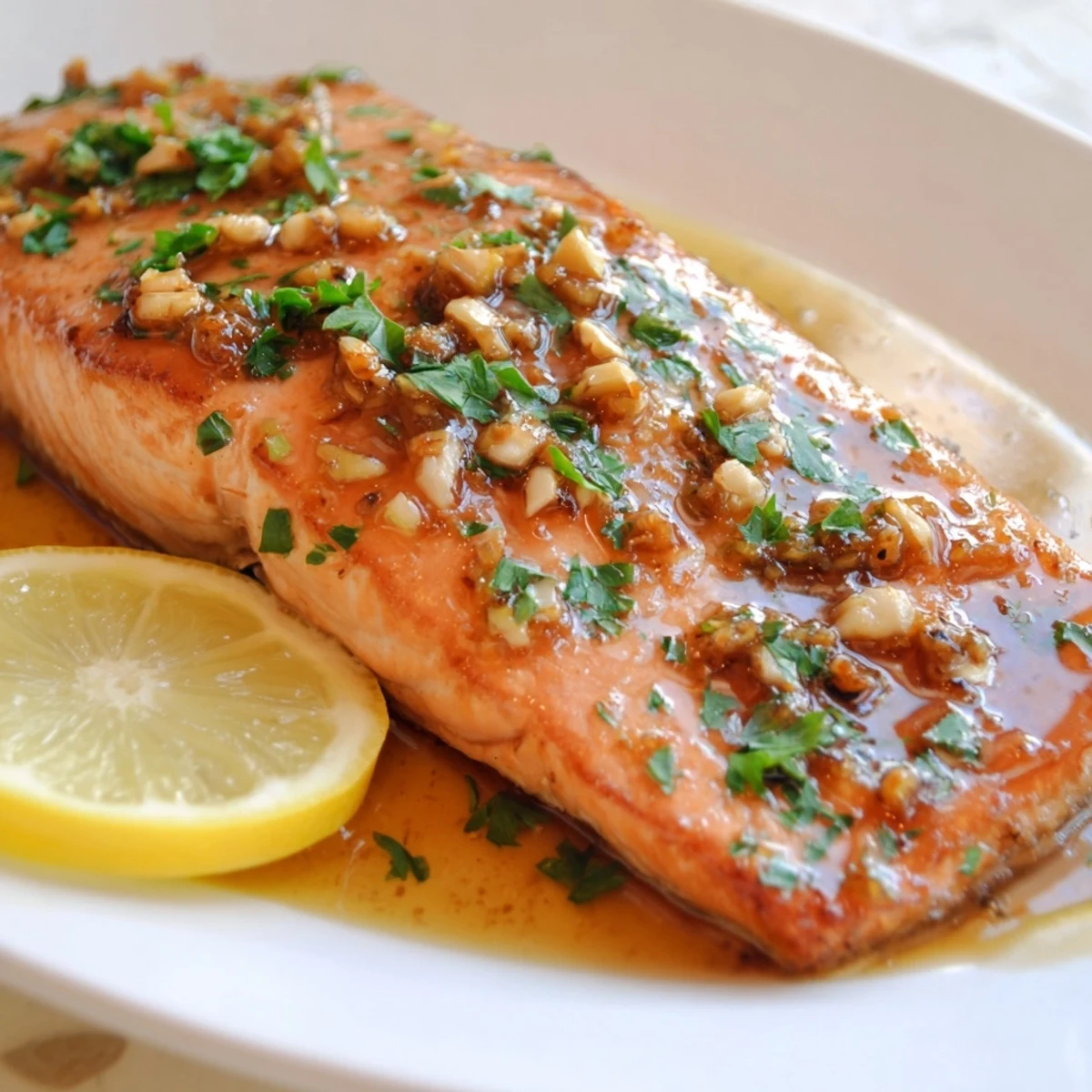 Golden-glazed Honey Garlic Salmon glistening, ready to eat with a sprinkle of fresh parsley on top.