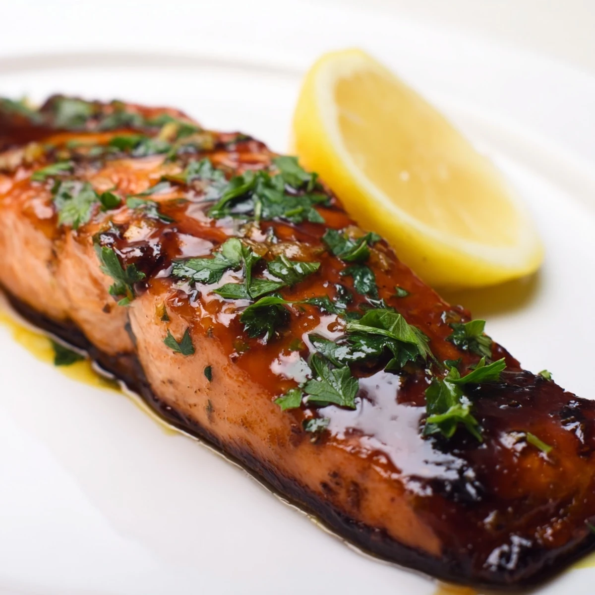 Perfectly baked Honey Garlic Salmon, served with lemon wedges; imagine the sweet and savory aromas.