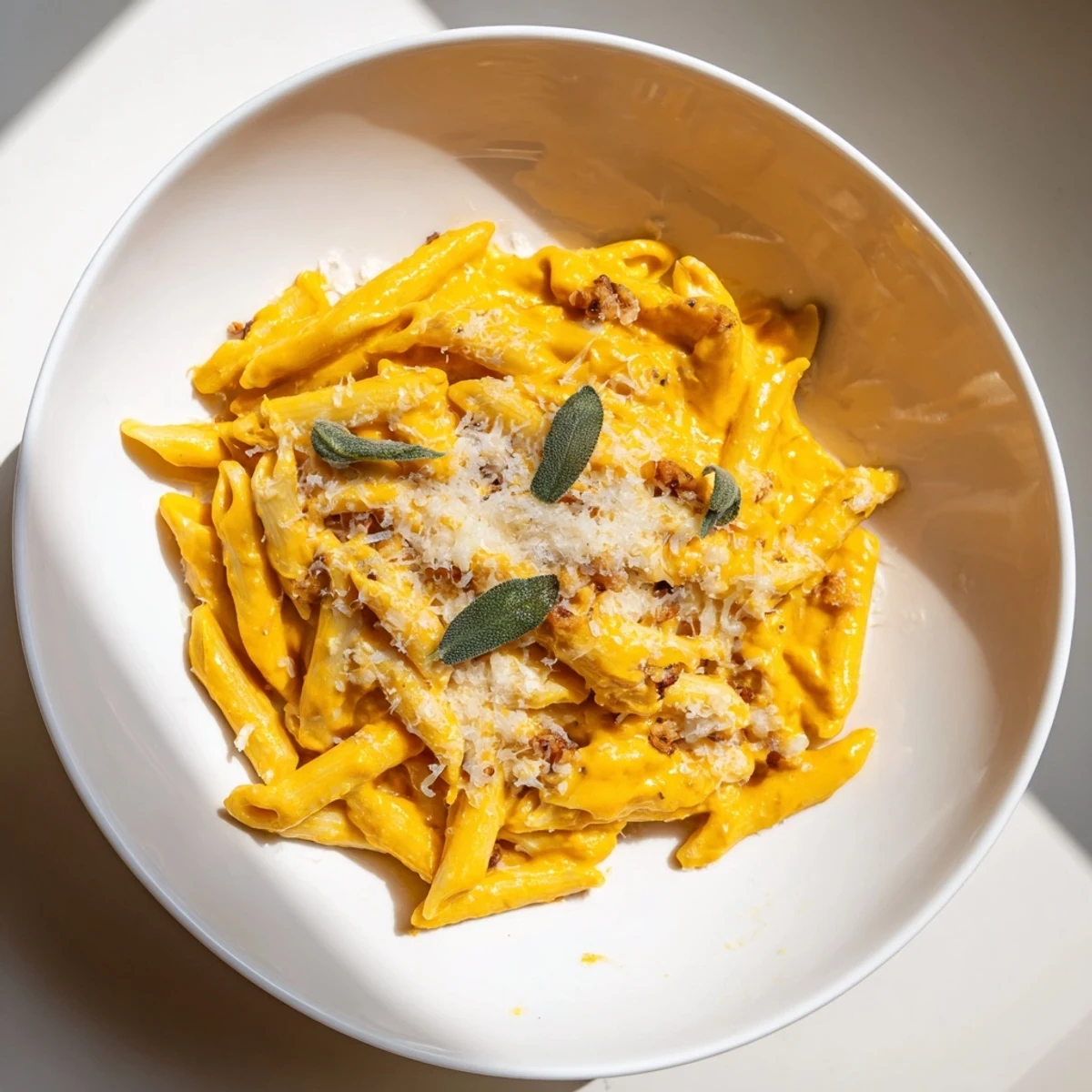 Creamy pumpkin pasta, a vibrant orange dish, beautifully garnished with fresh sage, perfect for fall.