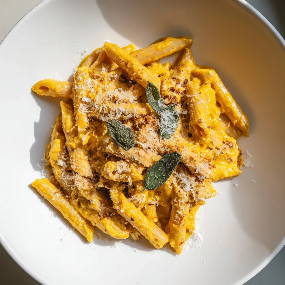 Delicious creamy pumpkin pasta, a comforting blend of flavors, served in a warm bowl with Parmesan.