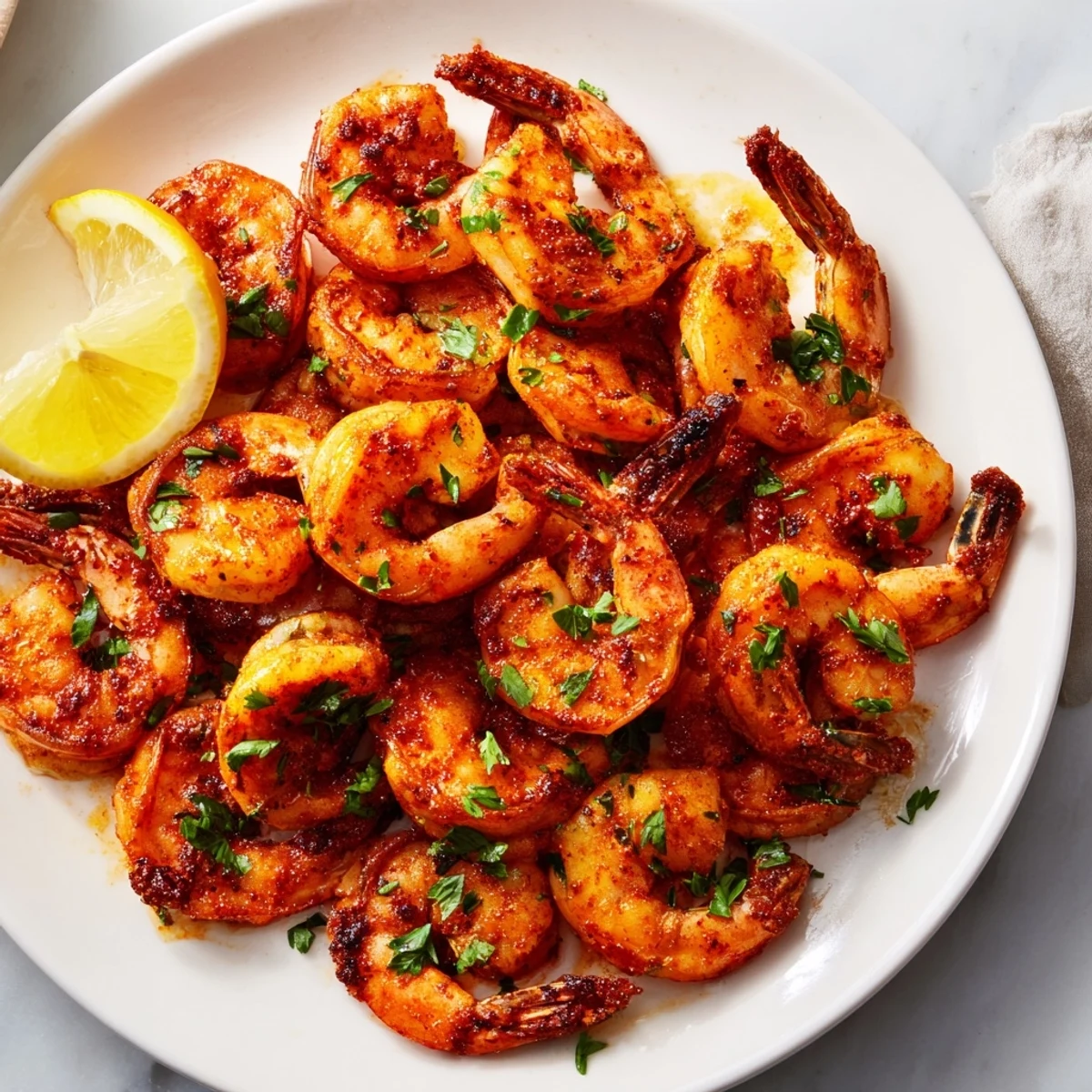 A plate of flavorful Spicy Cajun Shrimp, garnished with parsley, promising a delicious, savory meal.