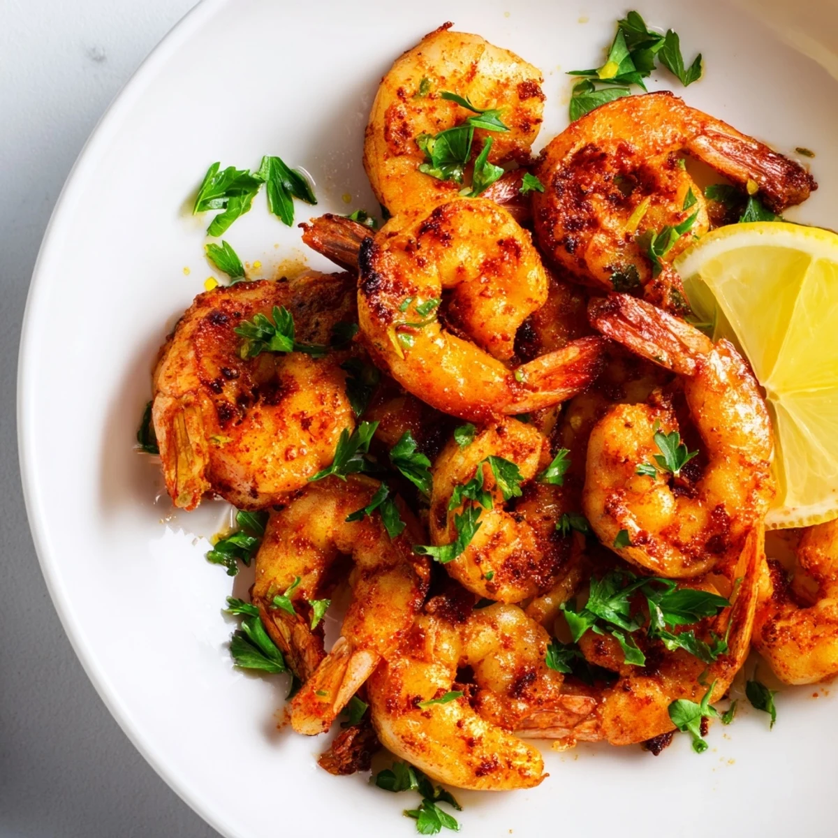 Fiery Spicy Cajun Shrimp, glistening and perfectly cooked, ready to be served with lemon wedges.