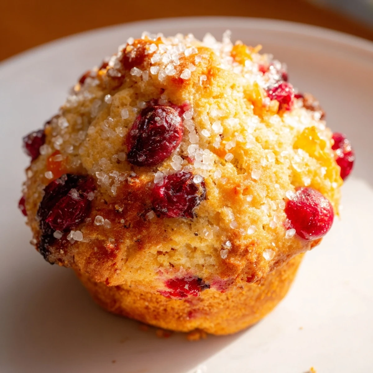 Freshly baked orange cranberry muffins, golden brown and perfectly domed, ready to enjoy.