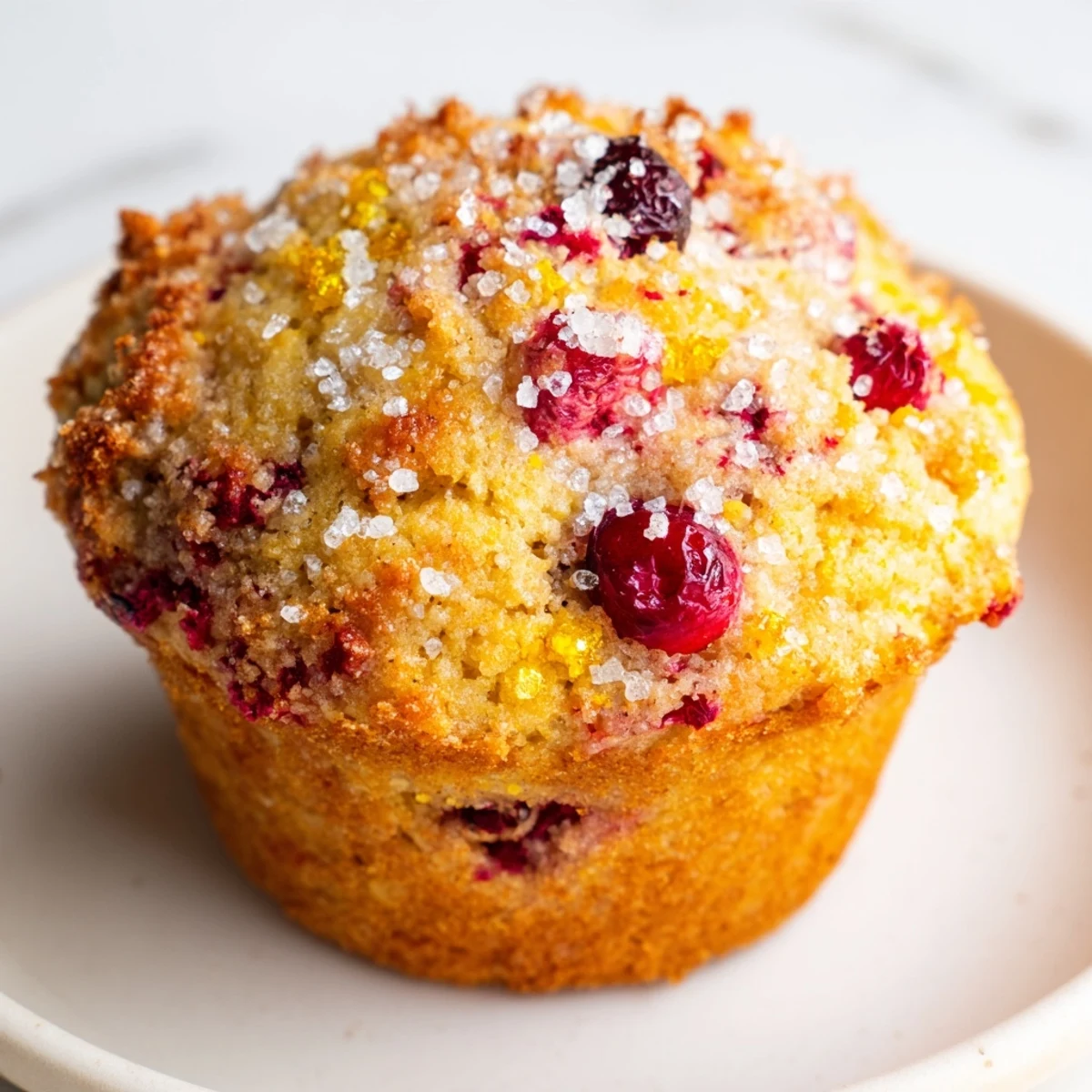 Warm, inviting shot of homemade orange cranberry muffins with scattered cranberries and sugar topping.