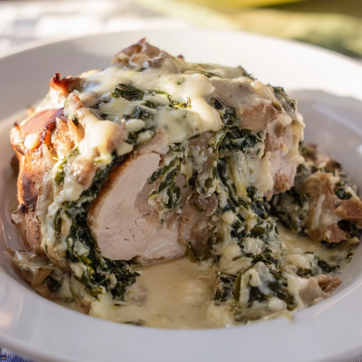 Golden, baked Stuffed Chicken Breast with Spinach, showing a creamy, cheesy filling spilling out with vibrant spinach.