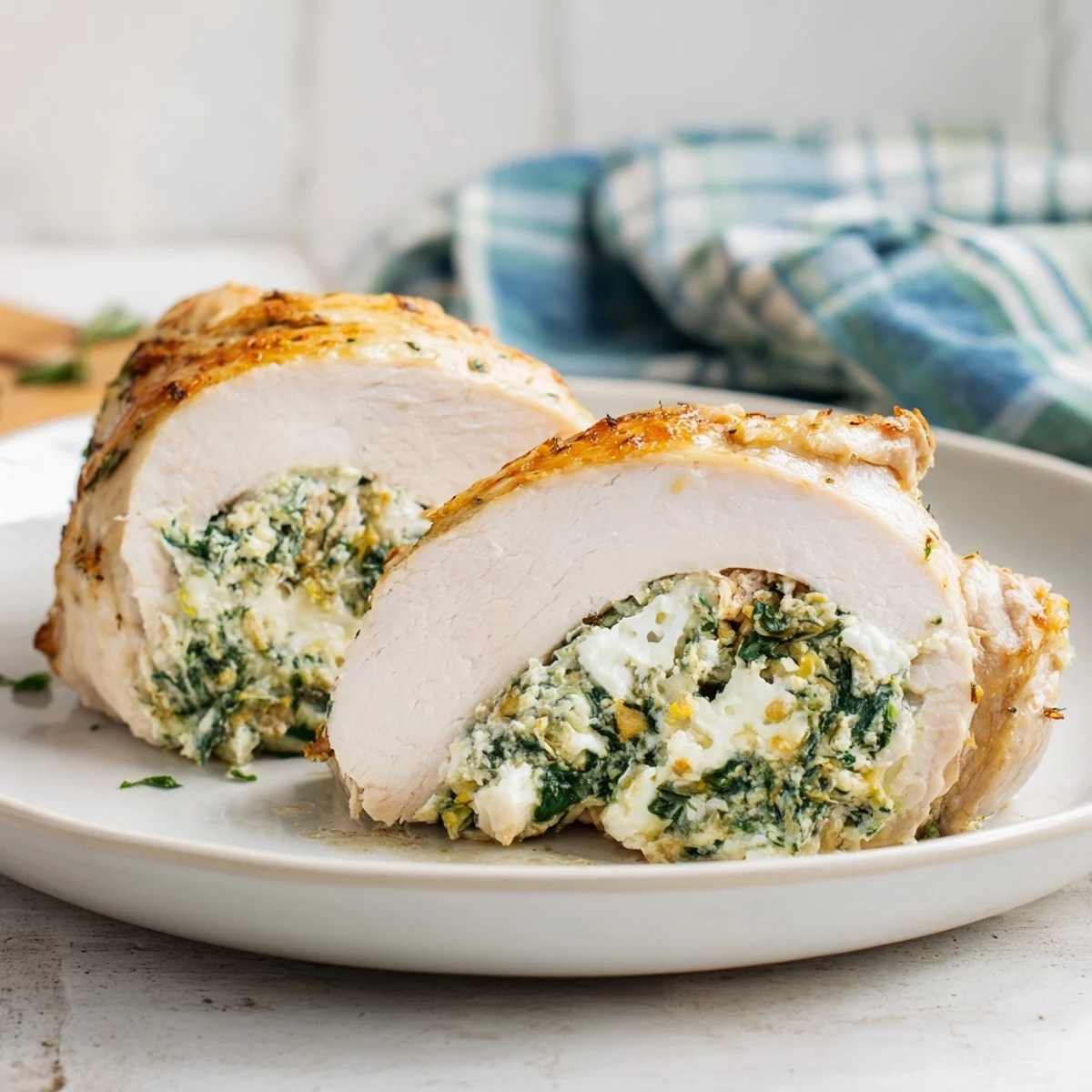 Juicy Stuffed Chicken Breast with Spinach, served with roasted vegetables, perfect for a flavorful weeknight dinner.