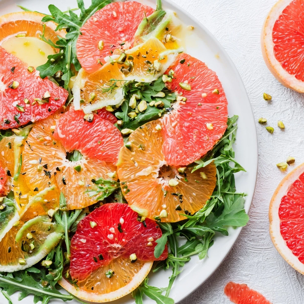 Winter Citrus Salad featuring juicy oranges and grapefruit, drizzled with honey vinaigrette.