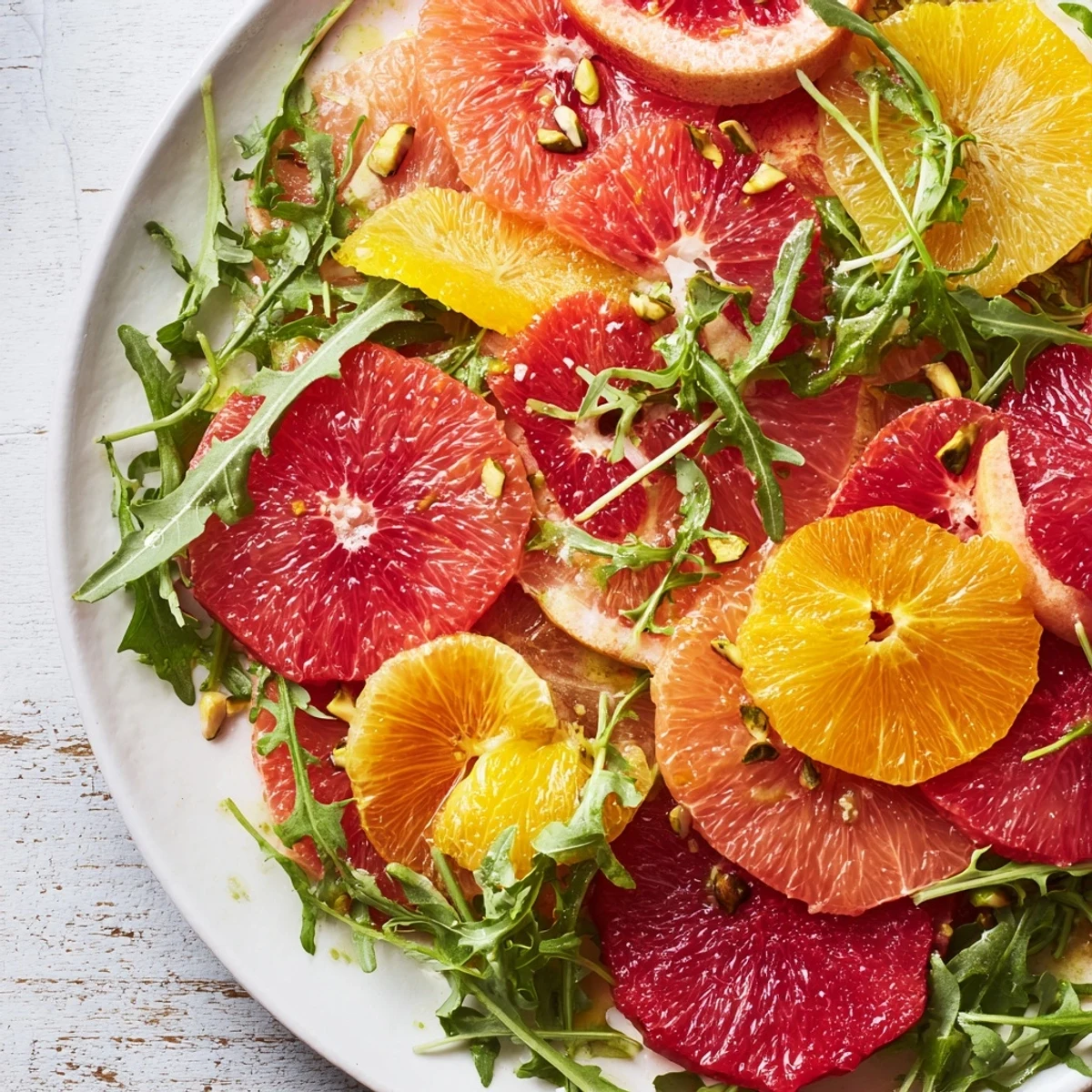 A beautiful Winter Citrus Salad with vibrant colors: oranges, greens, and pomegranate seeds for freshness.