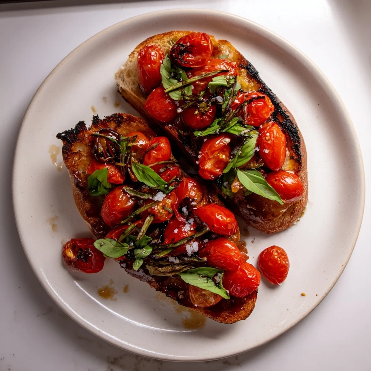 Oven-roasted tomato bruschetta, with sweet, caramelized tomatoes on warm, crunchy garlic bread.