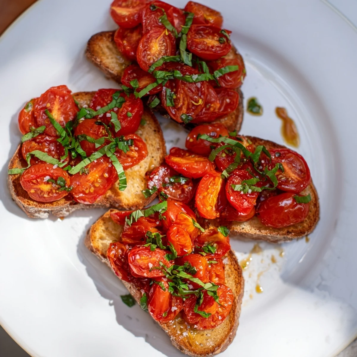 A close-up of delicious roasted tomato bruschetta, garnished with fresh basil leaves ready to eat.