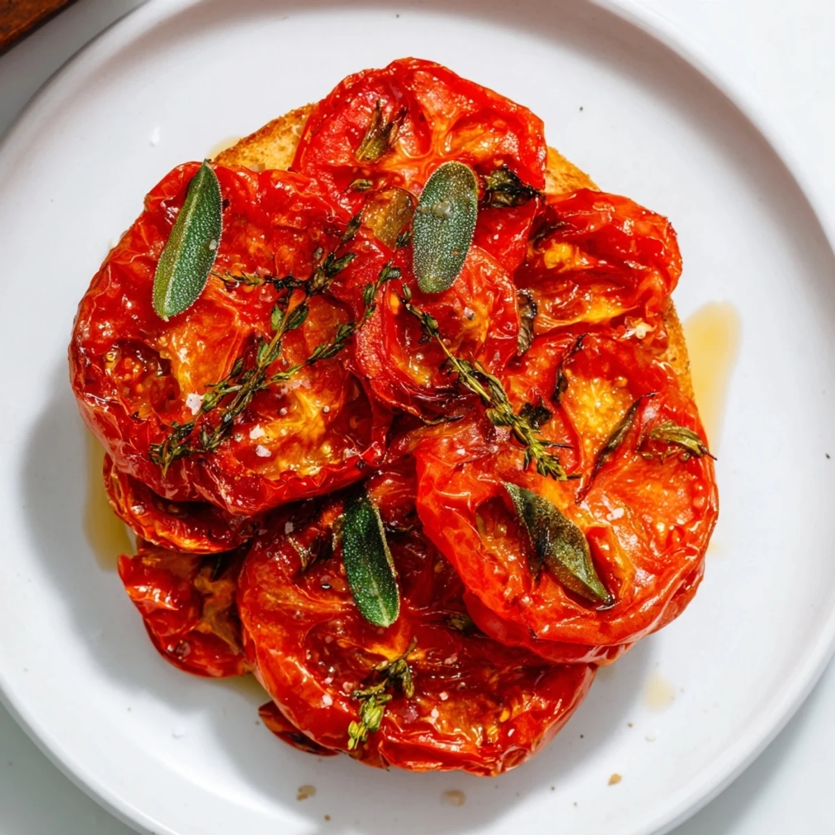 Golden toasted bread topped with juicy roasted tomato bruschetta and scattered fresh basil; a flavorful appetizer.